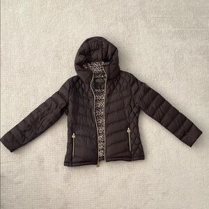 Michael Kors Brown Quilted Hooded Puffer with Leopard Lining